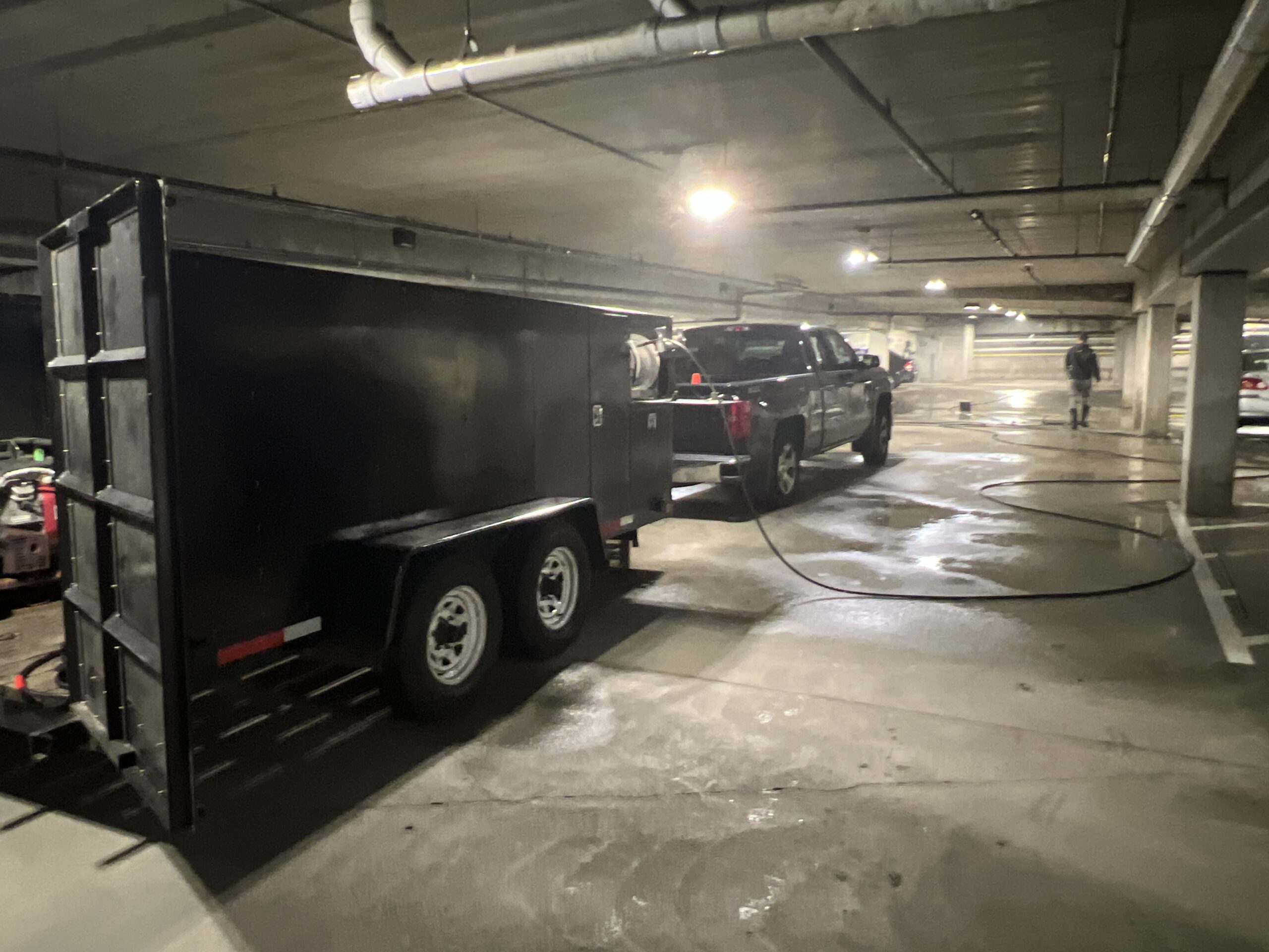 our garage cleaning power washing setup. Let OFF THE WALL preform your parking garage cleaning in ct, ma and ri