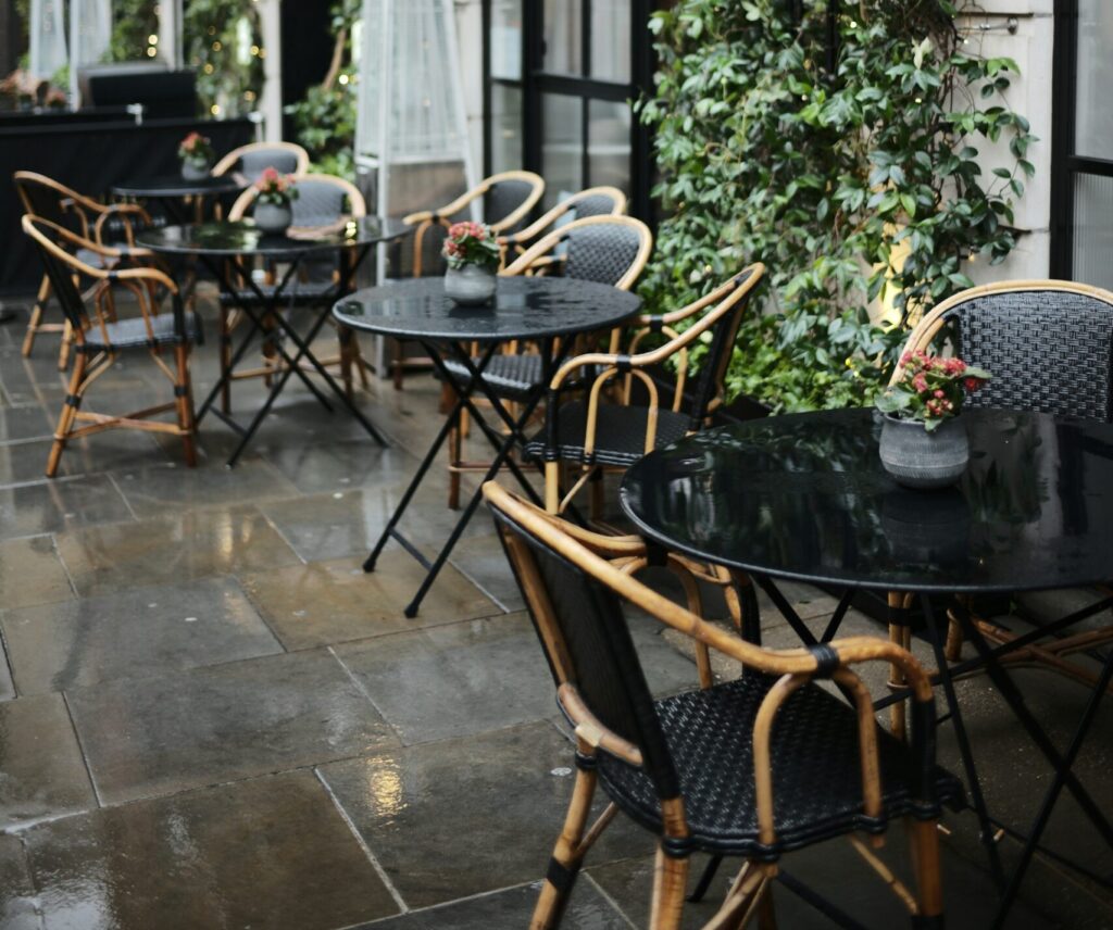 photo of a recently power washed restaurant patio