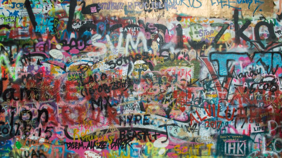 Photograph showing many layers of graffiti