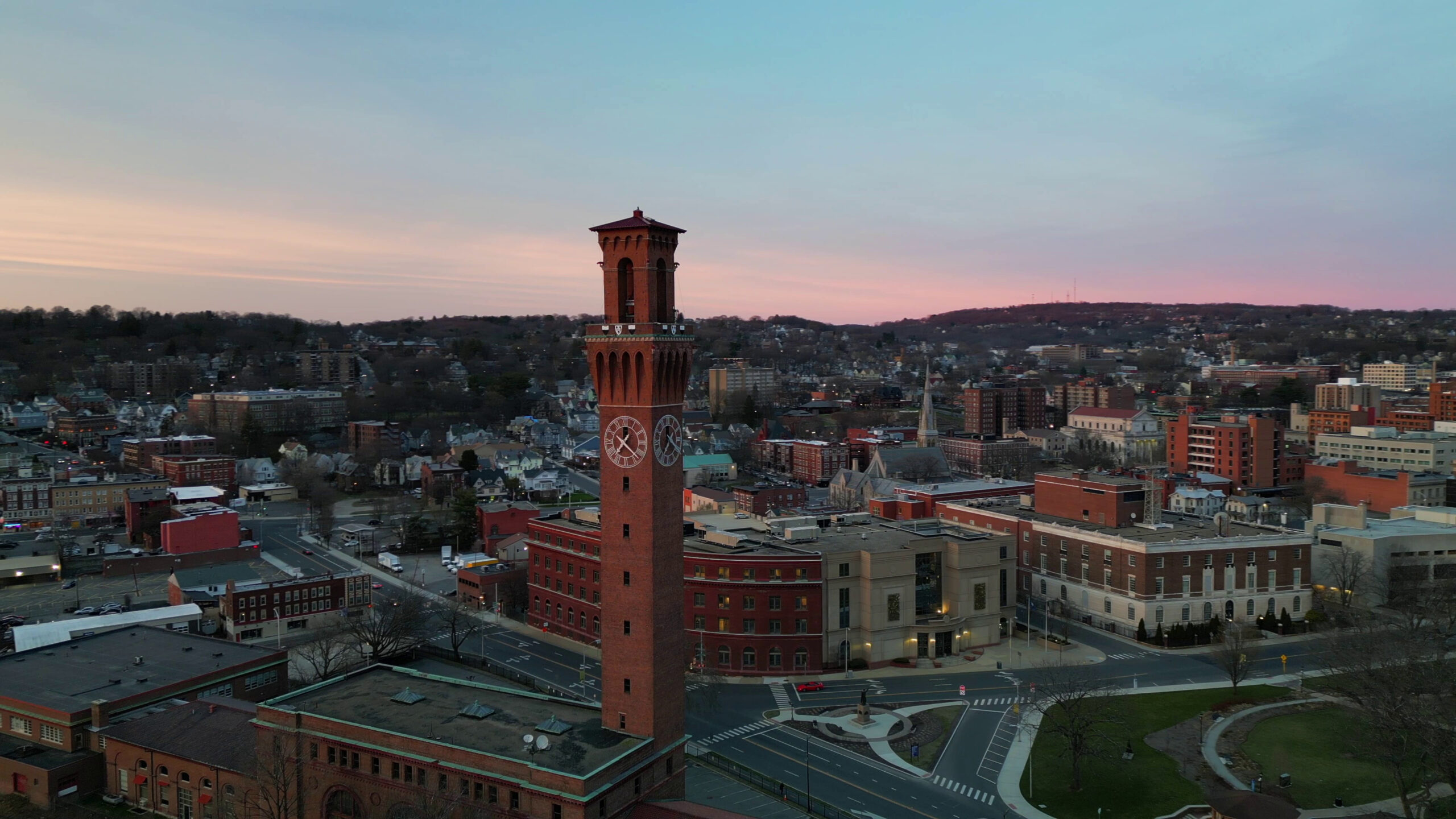 aerial photograph of the waterbury, CT city skyline