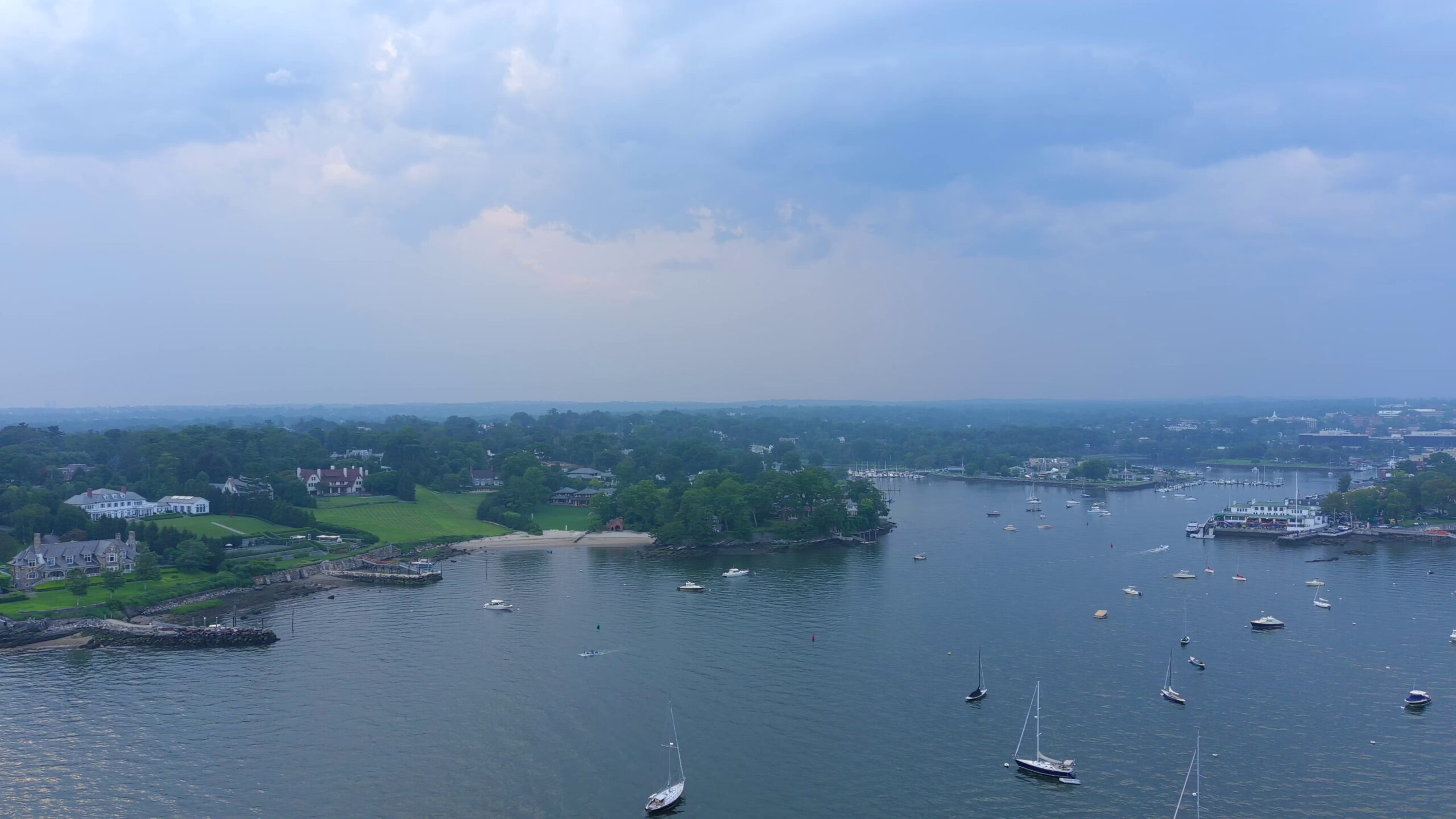 aerial photograph of luxury homes surrounding the harbor in Greenwich, CT
