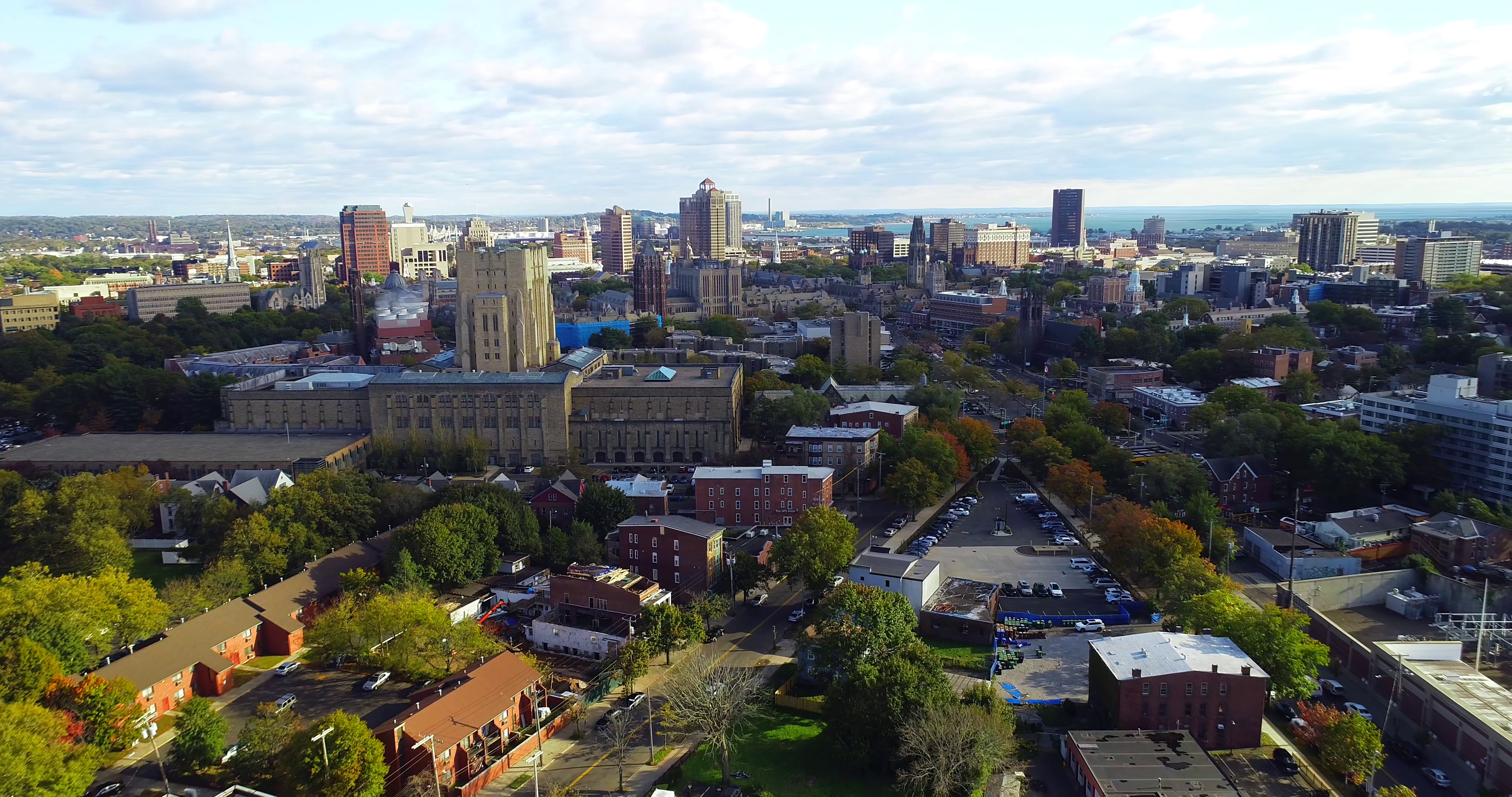 aerial photograph of the New Haven Connecticut city skyline on a sunny afternoon