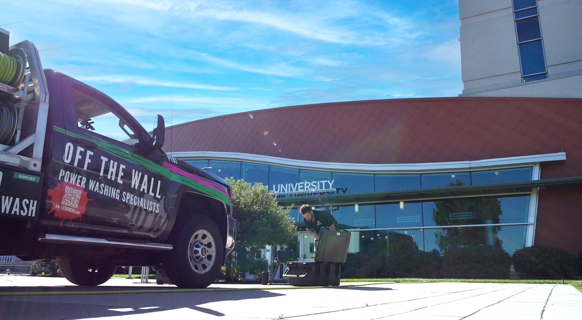 photo of the OFF THE WALL Power Washing truck in front of Goodwin University in East Hartford, CT