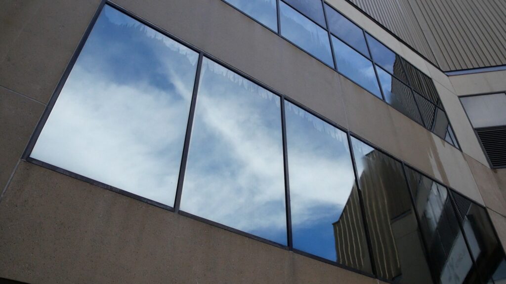 photo of the freshly cleaned windows from outside PeoplesBank Arena in Hartford, CT