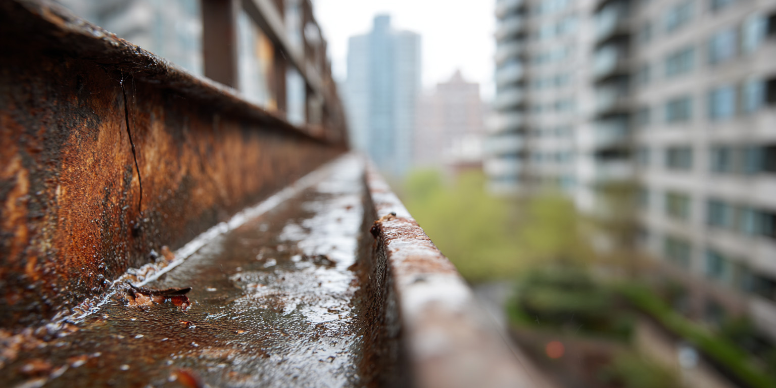 image of a clogged gutter on a commercial building