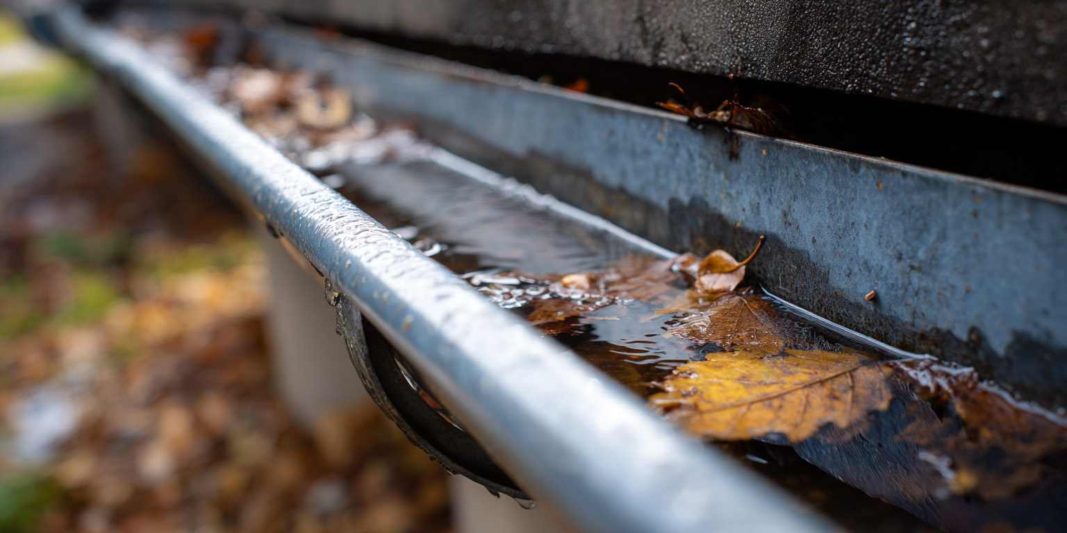 image of a clogged gutter on a house