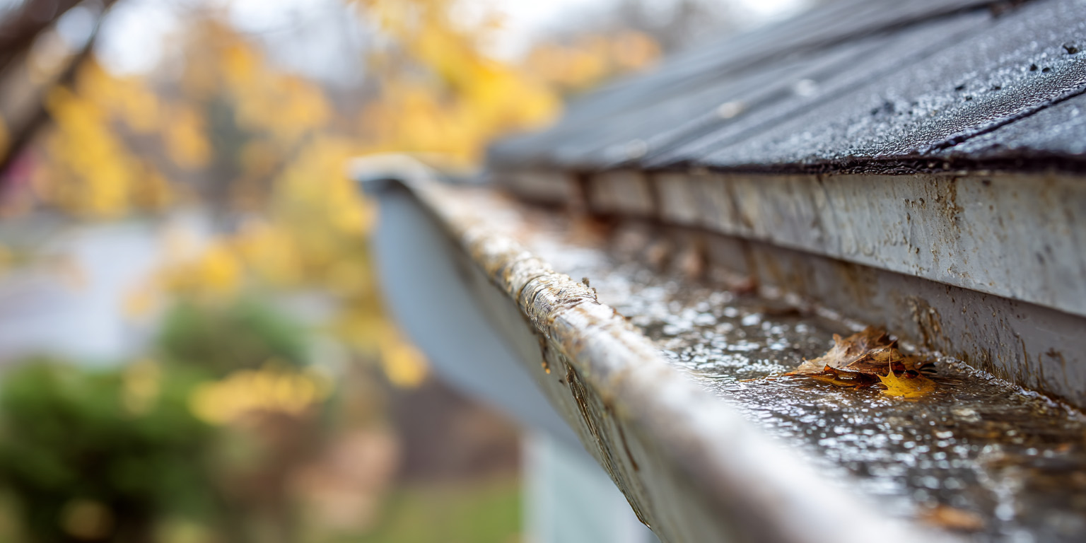 image of a clogged gutter on a house