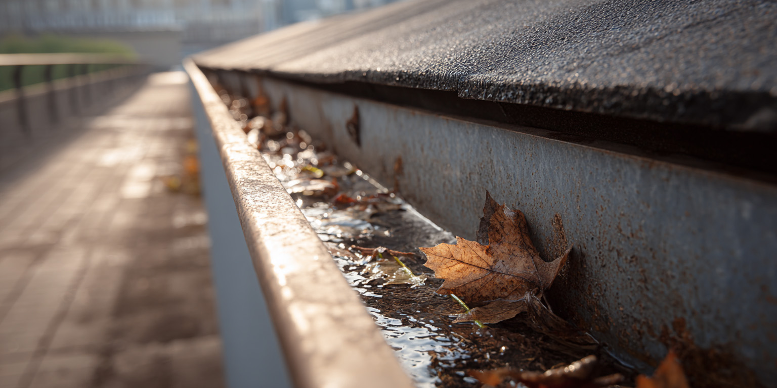 image showing leaves and debris clogging a gutter