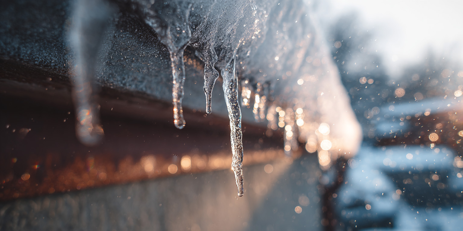 image of an ice dam formed above a clogged gutter