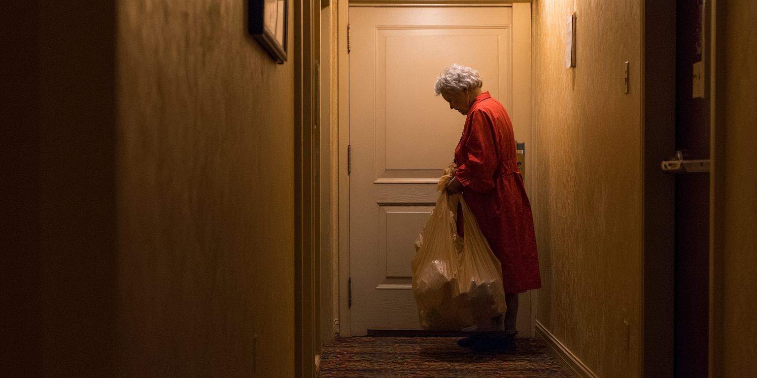 photograph of an old woman carrying trash bags to her apartment building's trash chute