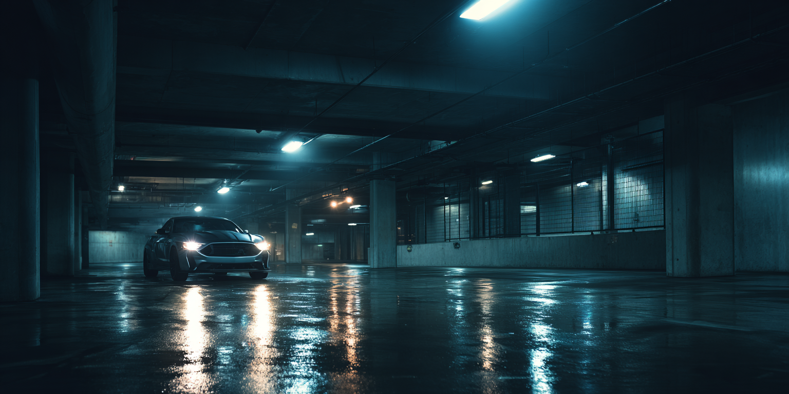 image of a car driving through a parking garage