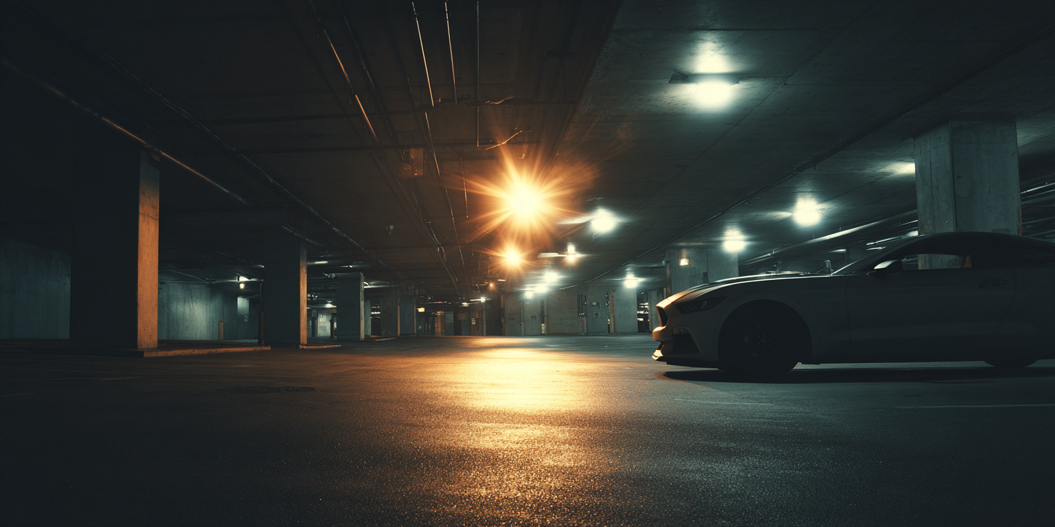 image of a darkened parking garage with several parked cars