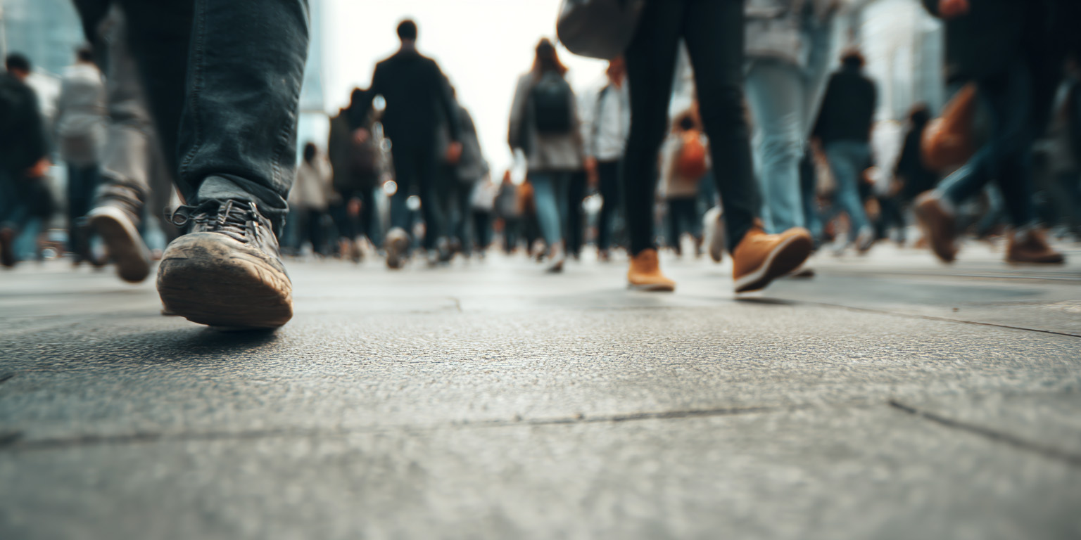image of a busy concrete sidewalk with many pedestrians feet shown walking down the surface
