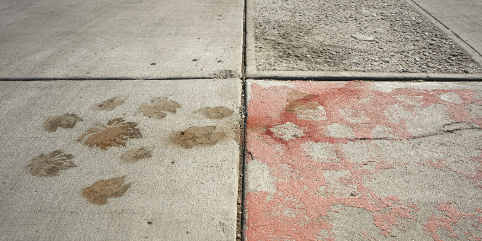 image of a concrete sidewalk with numerous dark stains