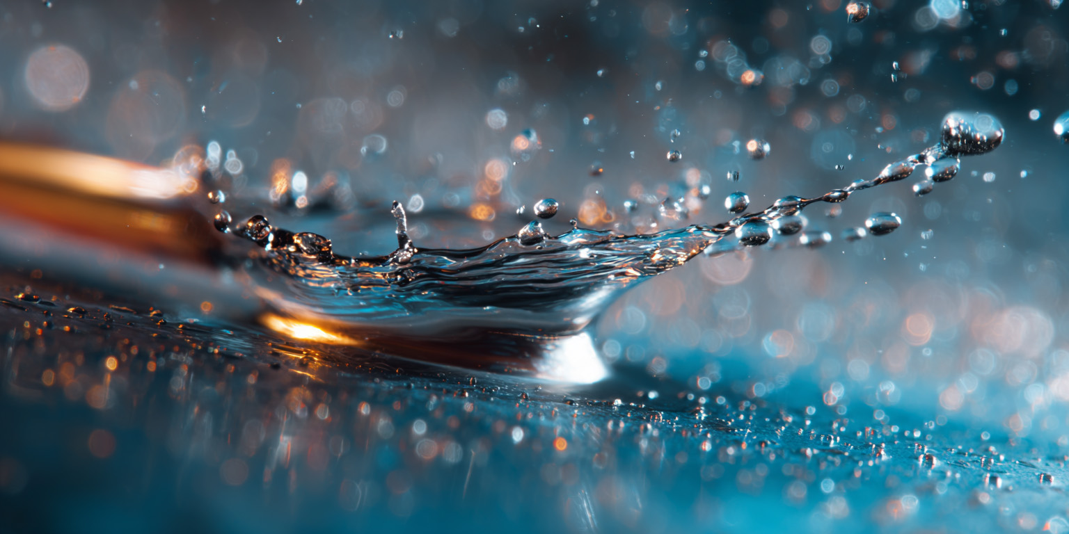 image showing a close-up view of purified water hitting a smooth glass surface