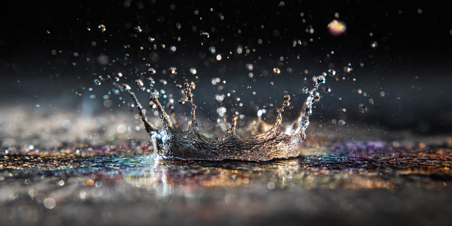closeup image of a stream of water impacting an asphalt surface