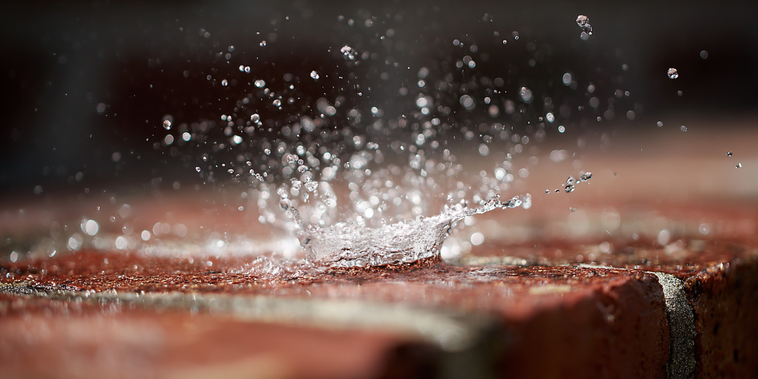 closeup image of a stream of water impacting a brick surface