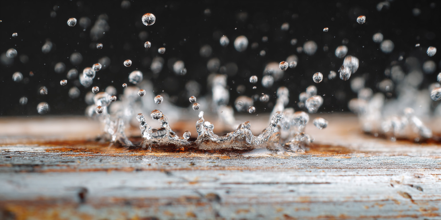 closeup image of a stream of water impacting a wooden surface