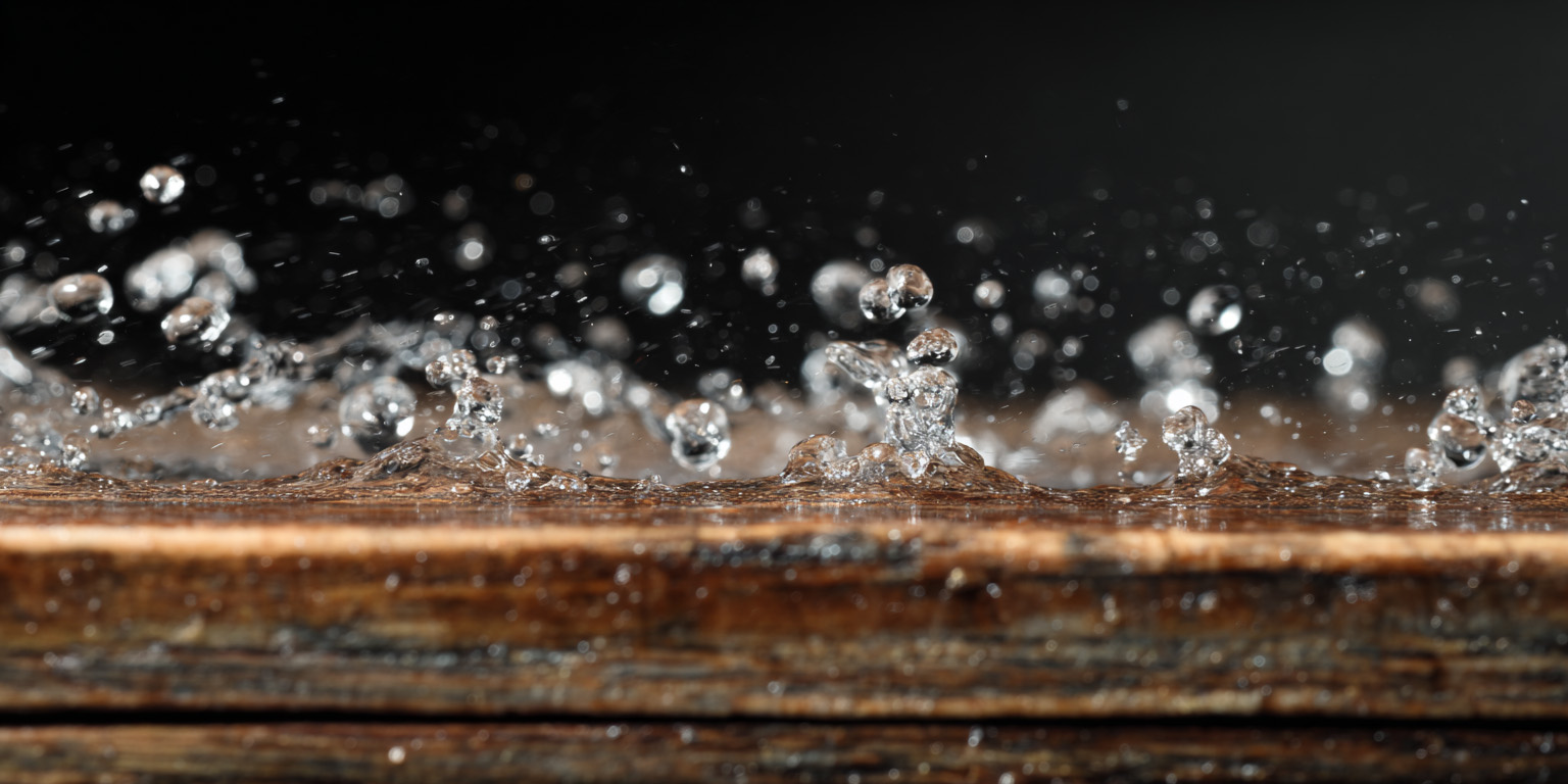 closeup image of a stream of water impacting a wood surface